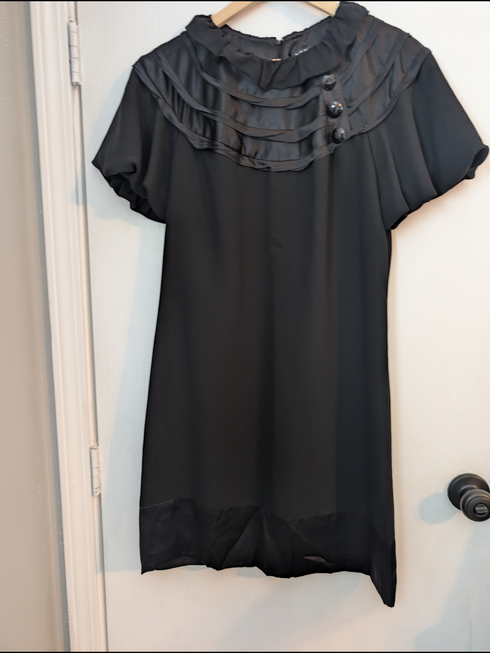 Black Short-Sleeve Mini Dress with Layered Yoke